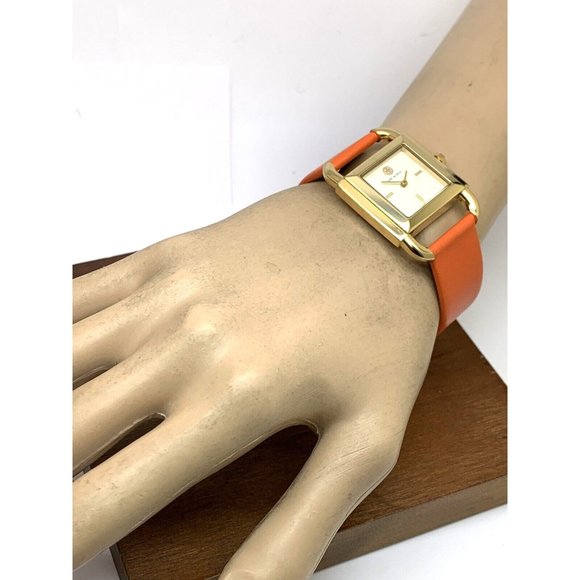 Tory Burch Women\'s Watch TBW7201 Quartz Tank Cream Dial Gold Orange Leather Band main image 8